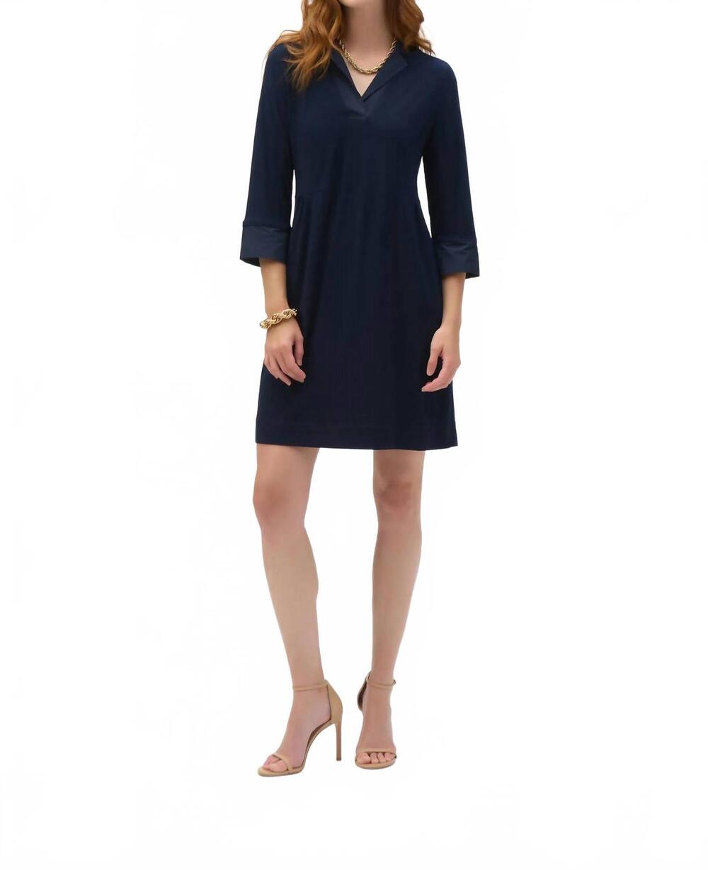 NEW JOSEPH RIBKOFF silky knit and memory trapeze dress in midnight blue